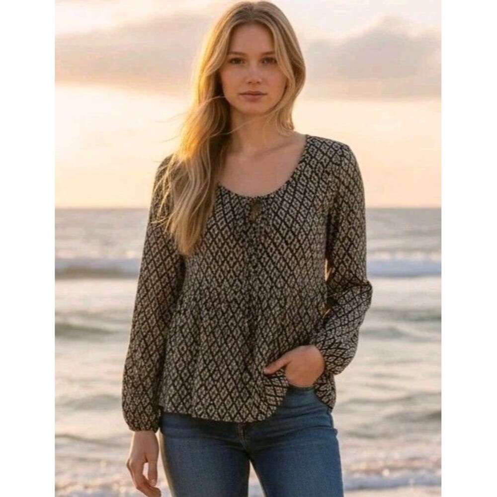 Meadow Rue Anthropologie Tunic Top Sz Large Black Textured Dot Peasant Blouse